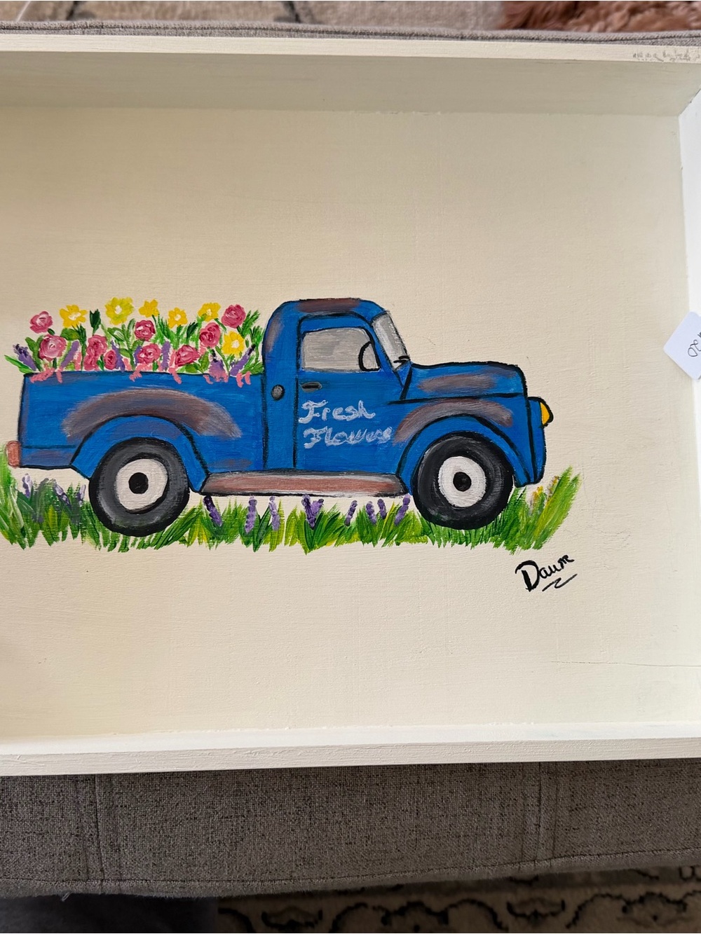 Hand painted Serving Tray Blue truck design